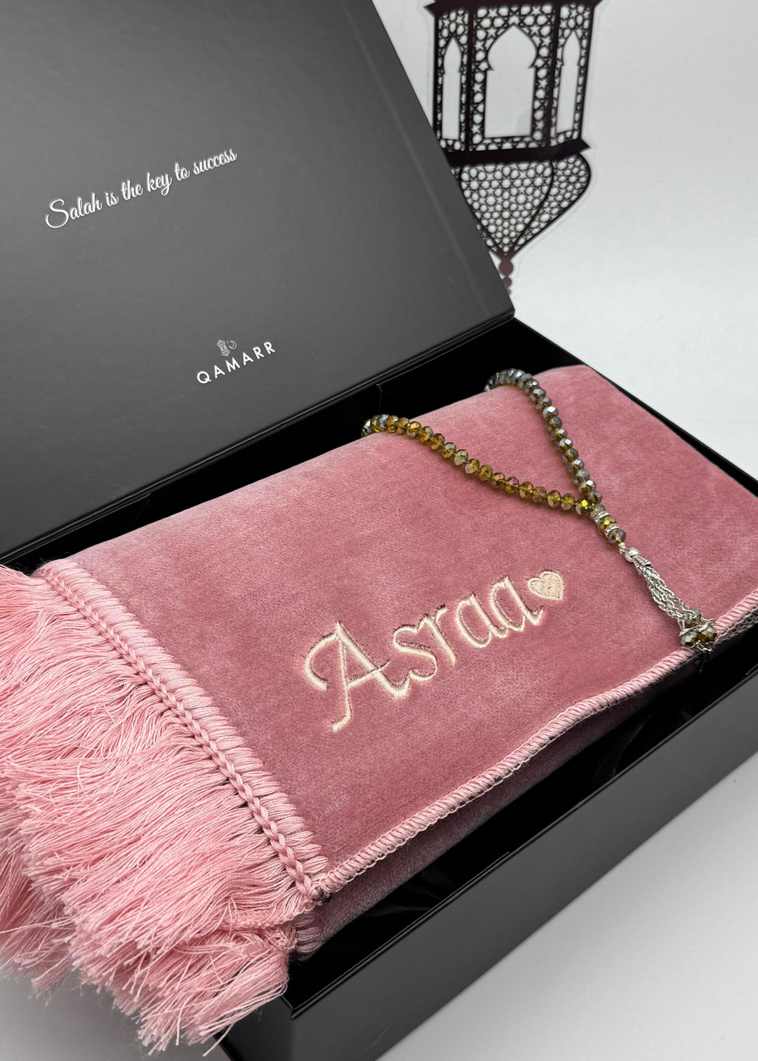 QAMARR ® Deluxe Personalized Prayer mat Giftbox - Blush Pink