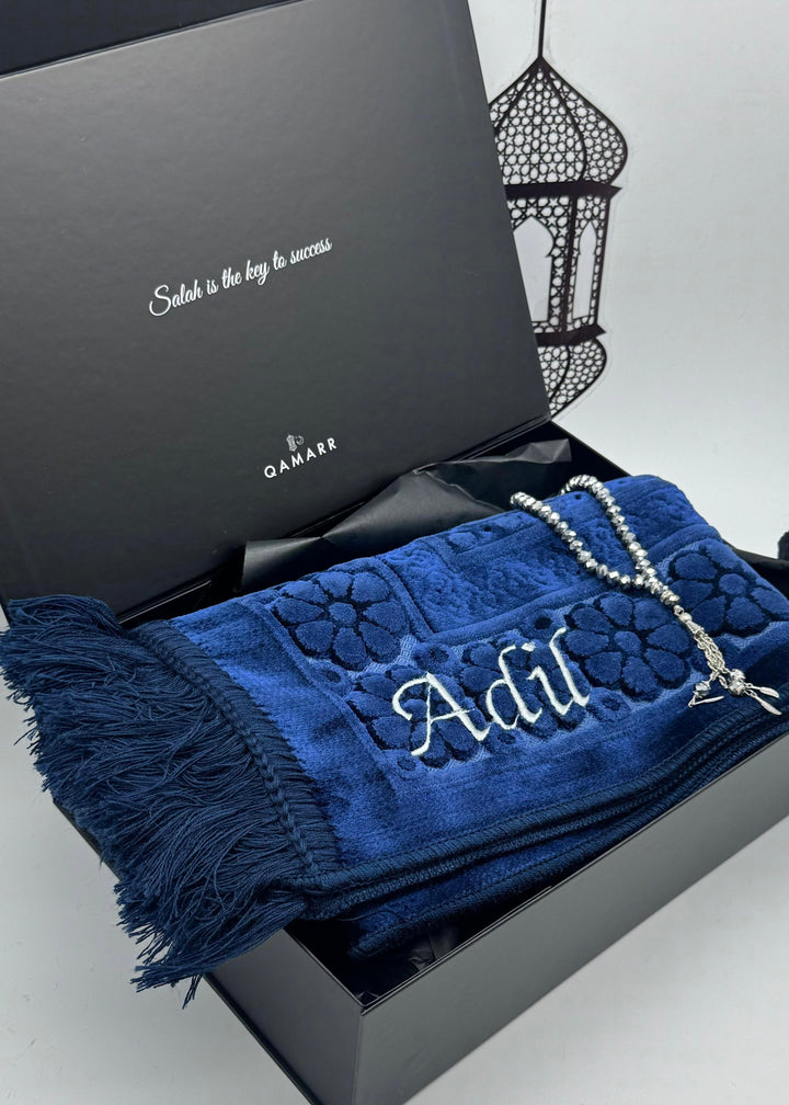 QAMARR ® Majestic Personalized Prayer mat Giftbox - Royal Blue