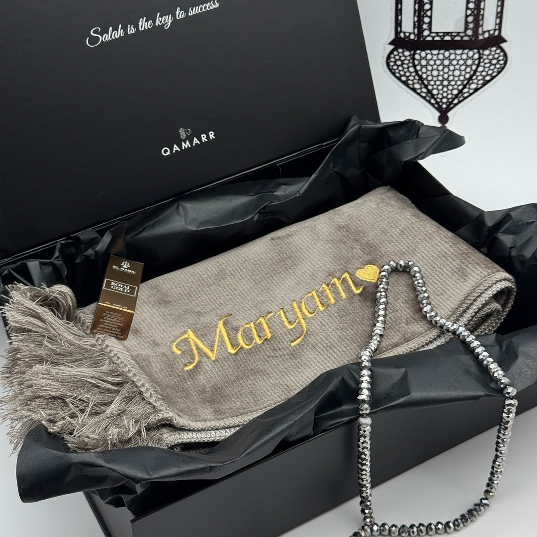 QAMARR ® Deluxe Personalized Prayer mat Giftbox - Moonstone Taupe