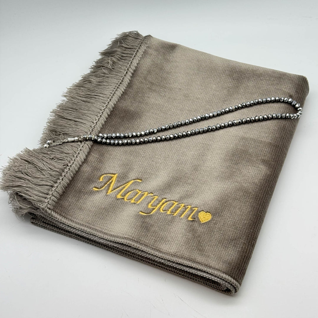 QAMARR ® Deluxe Personalized Prayer mat Giftbox - Moonstone Taupe