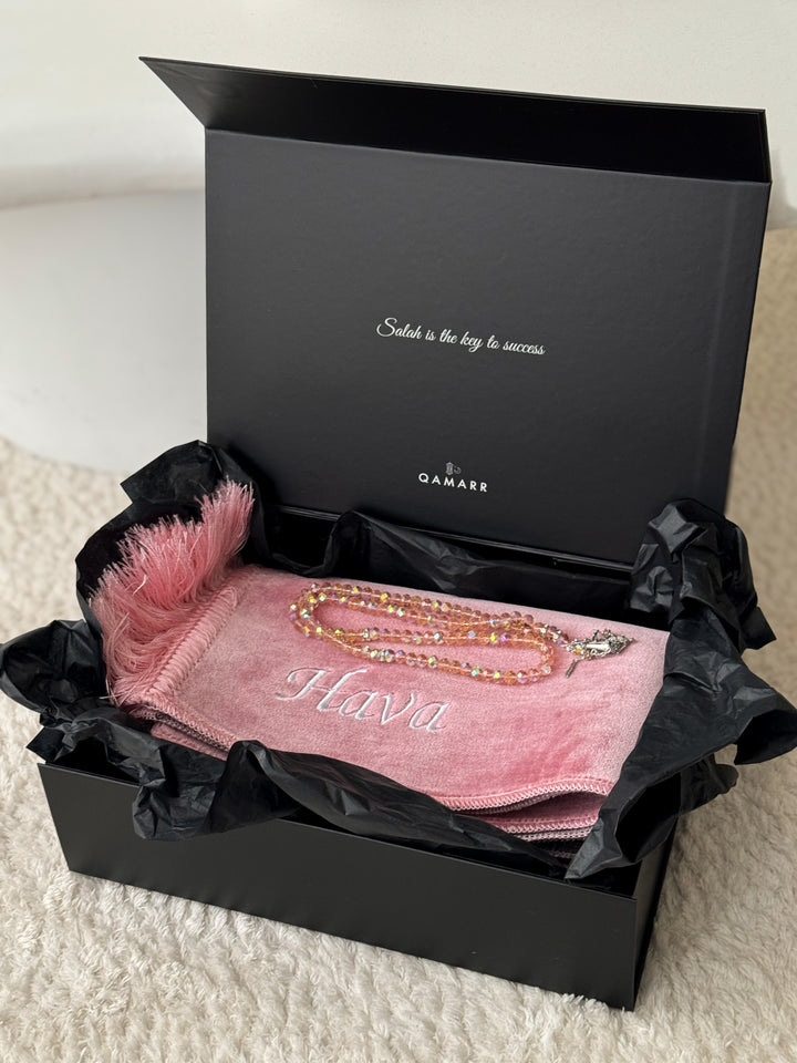 QAMARR ® Deluxe Personalized Prayer mat Giftbox - Blush Pink