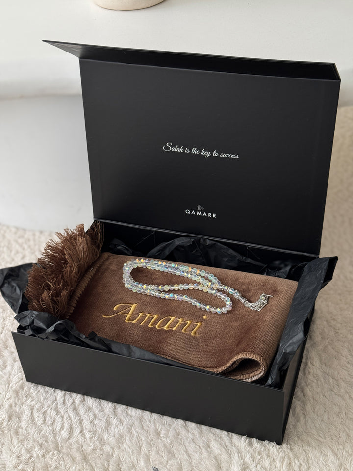 QAMARR ® Deluxe Personalized Prayer mat Giftbox - Brown