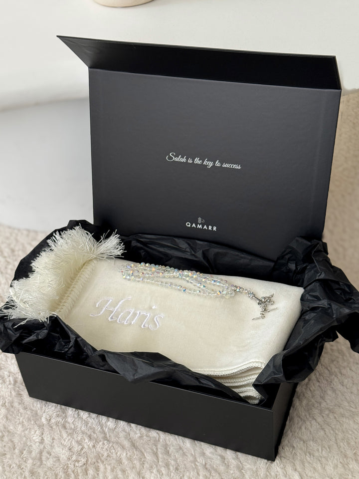QAMARR ® Deluxe Personalized Prayer mat Giftbox - Creme