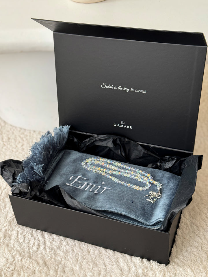 QAMARR ® Deluxe Personalized Prayer mat Giftbox - Denim Blue