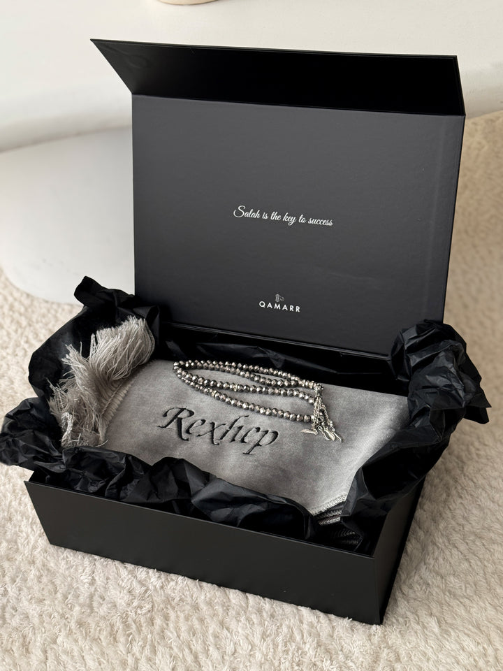 QAMARR ® Deluxe Personalized Prayer mat Giftbox - Grey