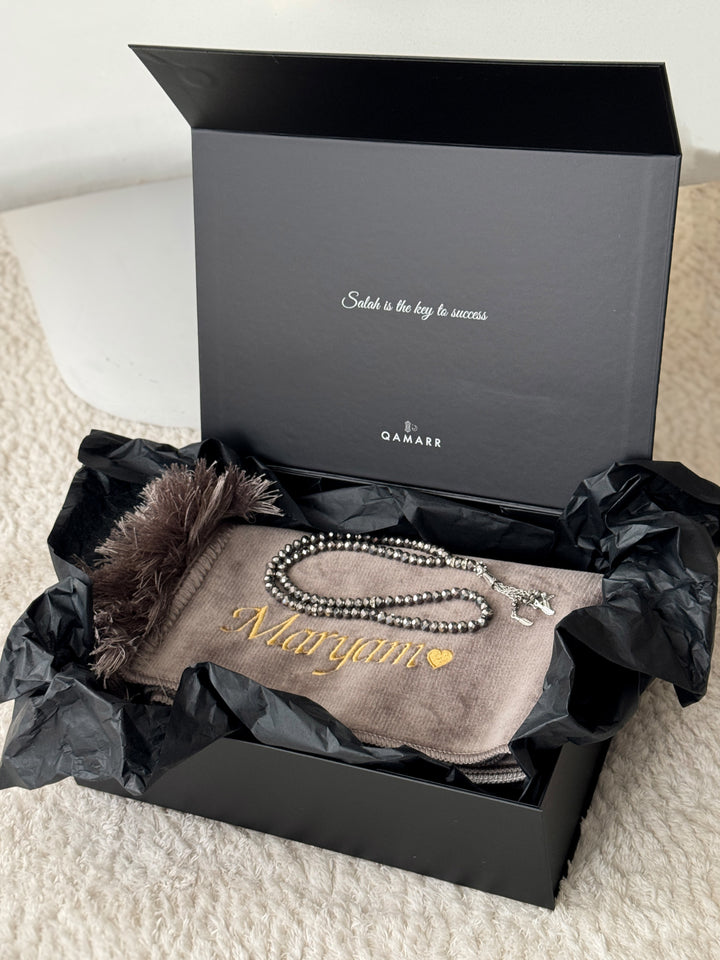 QAMARR ® Deluxe Personalized Prayer mat Giftbox - Moonstone Taupe