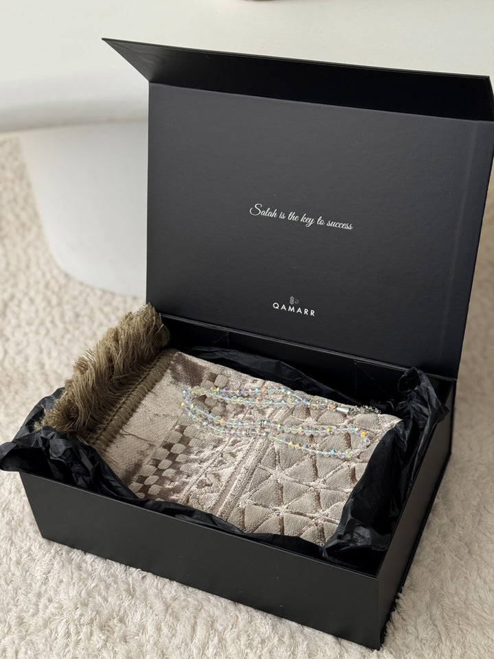 QAMARR ® Majestic Personalized Prayer mat Giftbox - Golden Sand