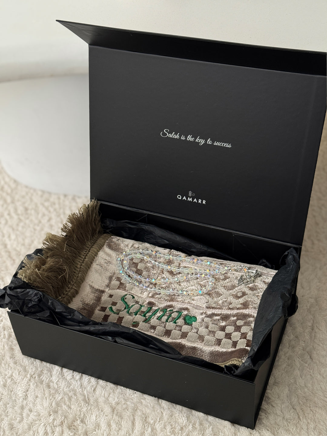 QAMARR ® Majestic Personalized Prayer mat Giftbox - Golden Sand