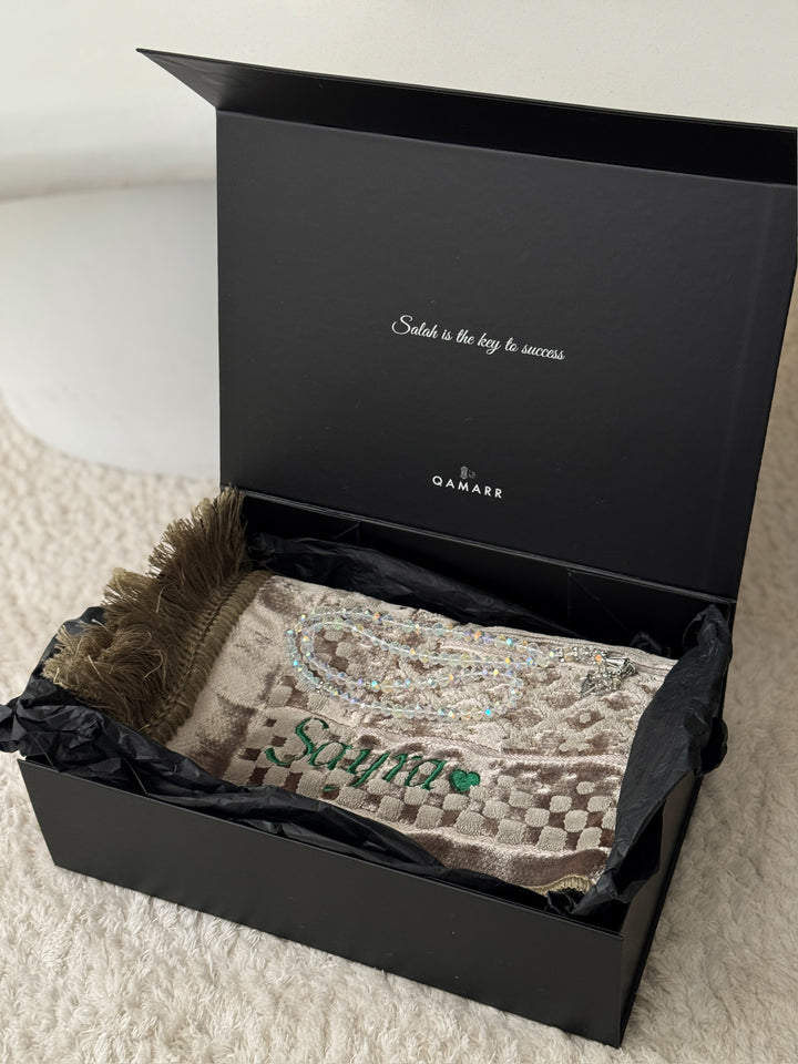 QAMARR ® Majestic Personalized Prayer mat Giftbox - Golden Sand
