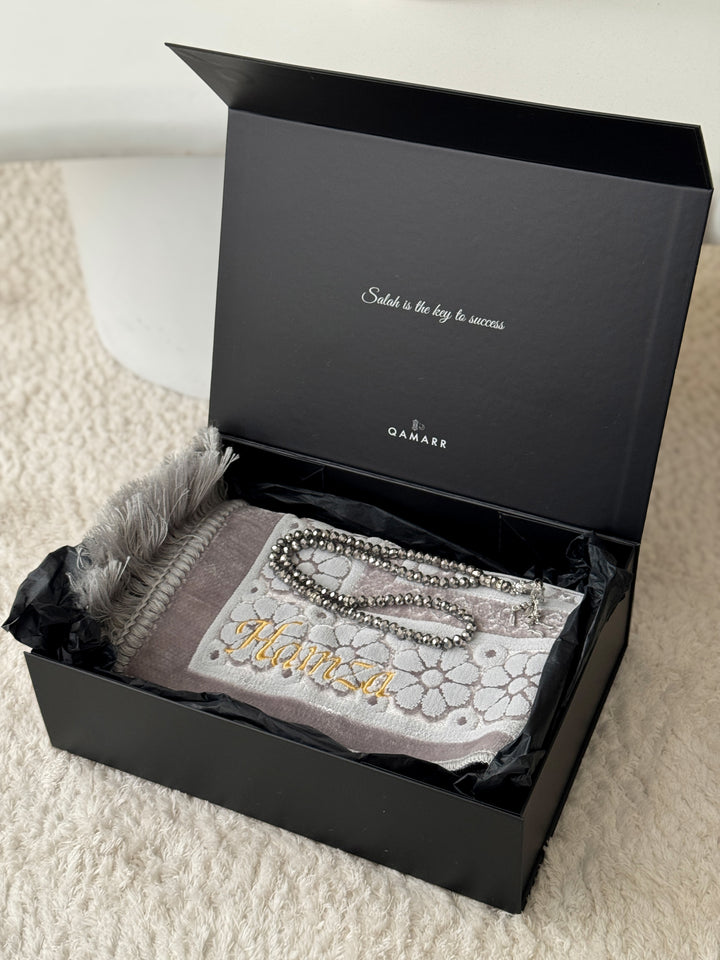 QAMARR ® Majestic Personalized Prayer mat Giftbox - Light Grey