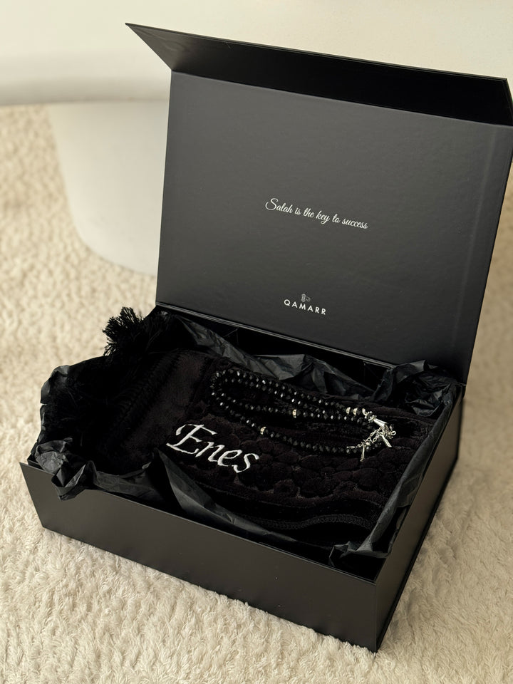 QAMARR ® Majestic Personalized Prayer mat Giftbox - Velvet Black